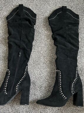 Jeffrey Campbell Black Suede Over-the-Knee Boots with Silver Studs